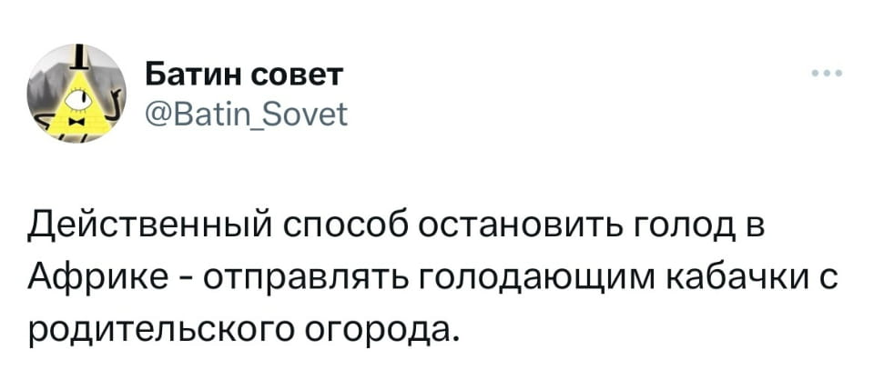 — Действительный способ остановить голод в Африке — отправлять голодающим кабачки с родительского огорода.

Описание картинки:
Текст с предложением о помощи голодающим в Африке.