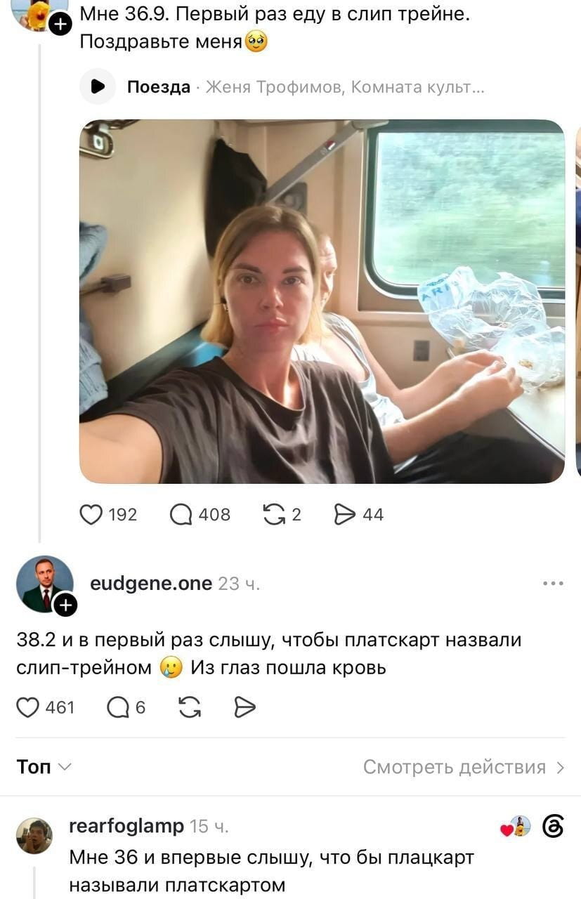 Мне 36.9. Первый раз еду в слип трейне. Поздравьте меня. 38.2 и в первый раз слышу, чтобы плацкарт назвали слип-трейном. Из глаз пошла кровь. <br /> — Мне 36 и впервые слышу, чтобы плацкарт называли плацкартом. <br /><br /> Описание картинки: <br /> Переписки о поездке в слепом вагоне поезда.