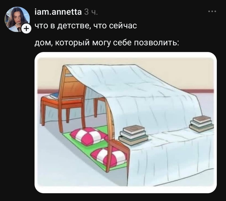 Что в детстве, что сейчас дом, который могу себе позволить <br /><br /> Описание картинки: <br /> С импровизированным домиком из одеял и подушек.