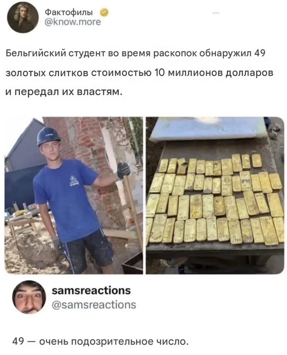 — Белгийский студент во время раскопок обнаружил 49 золотых слитков стоимостью 10 миллионов долларов и передал их властям. 49 — очень подозрительное число.

Описание картинки:
Парень с золотыми слитками на строительной площадке.