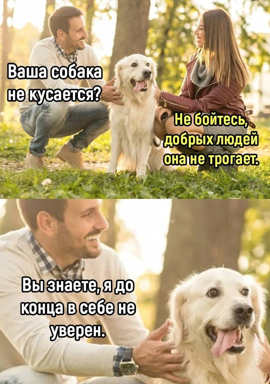 — Ваша собака не кусается? <br /> — Не бойтесь, добрых людей она не трогает. <br /> — Вы знаете, я до конца в себе не уверен. <br /><br /> Описание картинки: <br /> Мужчина общается с женщиной и её собакой в парке.