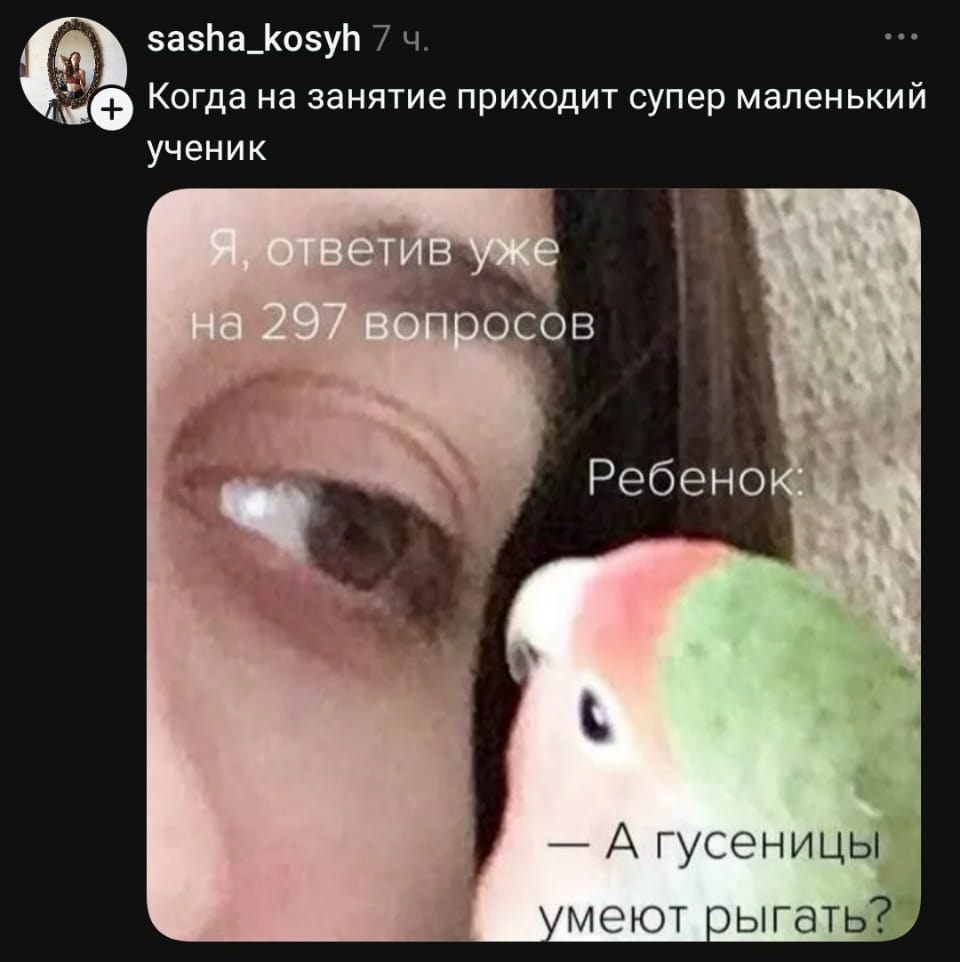 Когда на занятие приходит супер маленький ученик.
— Я, ответив уже на 297 вопросов. Ребенок: А гусеницы умеют рыгать?

Описание картинки:
С женщиной и попугаем, обсуждающими вопросы.