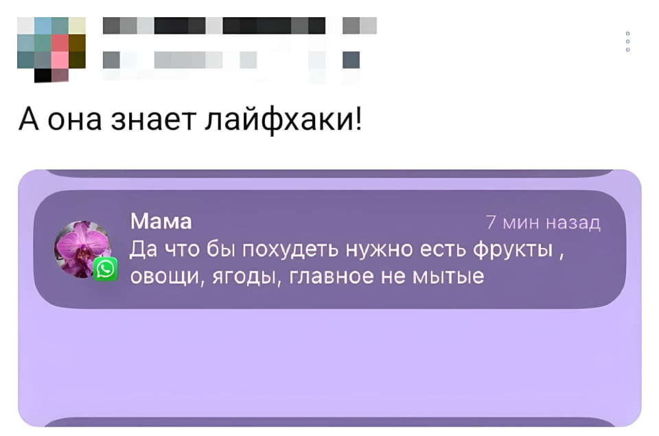 — А она знает лайфхаки!
— Мама Да что бы похудеть нужно есть фрукты, овощи, ягоды, главное не мытые.

Описание картинки:
Переписки в мессенджере с советом по питанию.