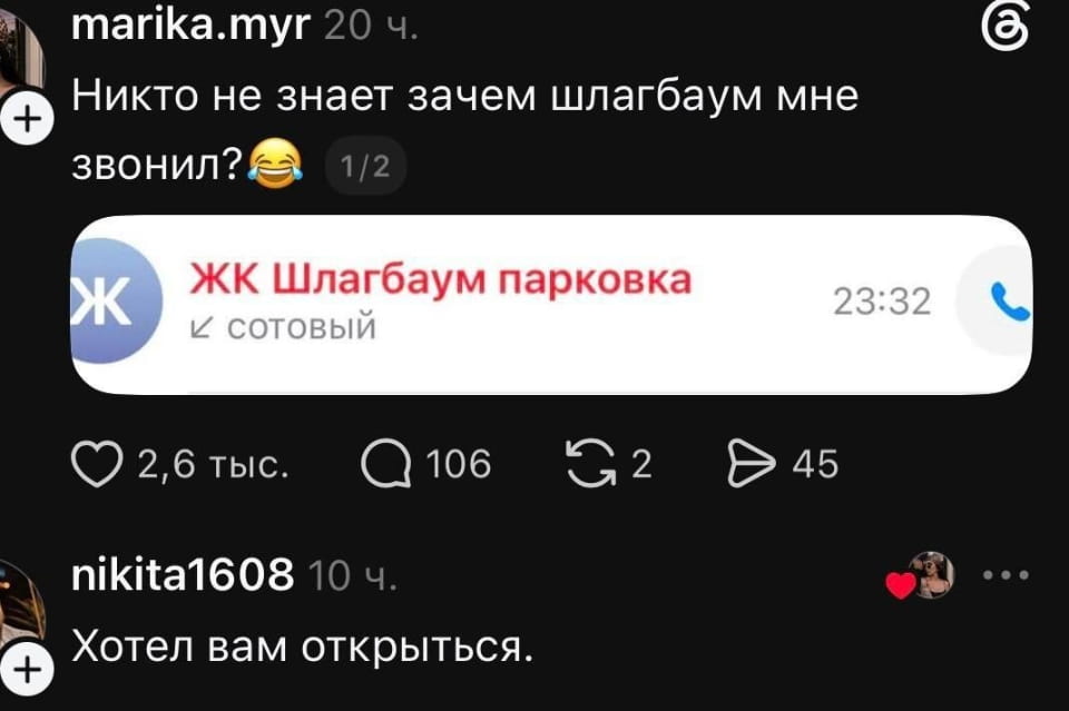 — Никто не знает зачем шлагбаум мне звонил?😂 Хотел вам открыться. <br /><br /> Описание картинки: <br /> Переписки о звонке от шлагбаума.