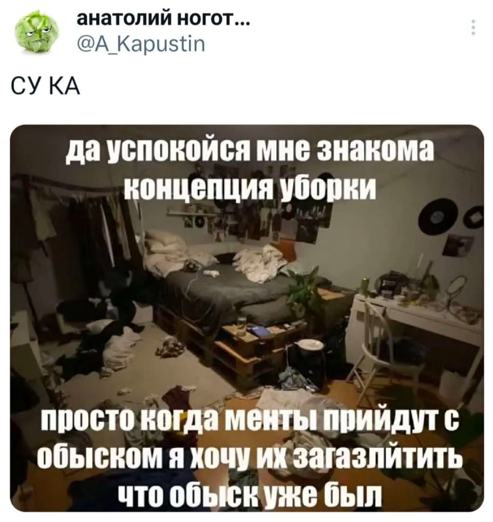 — СУ КА Да успокойся, мне знакома концепция уборки. Просто когда менты придут с обыском, я хочу их загрязнить, что обыск уже был.

Описание картинки:
С беспорядком в комнате и текстом о концепции уборки.