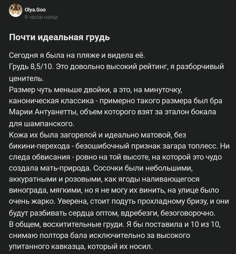— Сегодня я была на пляже и видела её.
— Грудь 8,5/10. Это довольно высокий рейтинг, я разборчивый ценитель.
— Размер чуть меньше двойки, а это, на минуточку, каноническая классика — примерно такого размера был бра Марию Антуанетты, объём которого возьмут за эталон бокала для шампанского.
— Кожа их была загорелой и идеально матовой, без бикини-перехода — безусловный признак загара топлесс. Ни следа обвисания — ровно на той высоте, на которой это чудо создала мать-природа. Сосочки были небольшими, аккуратными и розовыми, как ягоды налившегося винограда, мягкими, но я не могу их винить, на улице было очень жарко. Уверена, стоит подуть прохладным бризом, и они будут разбивать сердца оптом, вдребезги, безоговорочно.
— В общем, восхитительные груди. Я бы поставила им 10 из 10, начиная с полутора балла исключительно за высокого упитанного кавказца, который их носил.

Описание картинки:
Текст о наблюдениях за грудью на пляже с оценкой.