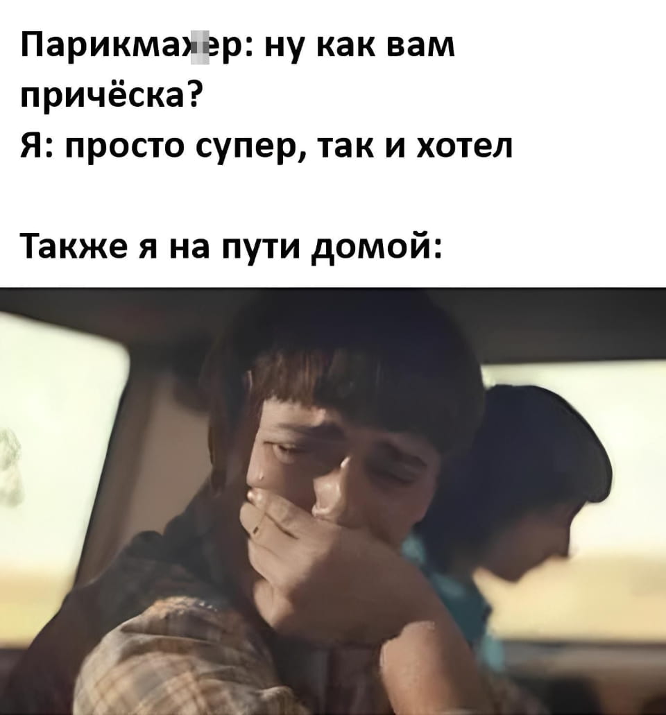 — Парикмахер: ну как вам прическа?
— Я: просто супер, так и хотел. Также я на пути домой

Описание картинки:
Кадр из фильма, где парень с грустным лицом сидит в машине.