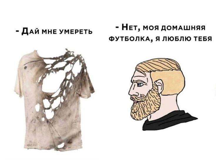 — Дай мне умереть.
— Нет, моя домашняя футболка, я люблю тебя.

Описание картинки:
С диалогом между изношенной футболкой и её владельцем.
