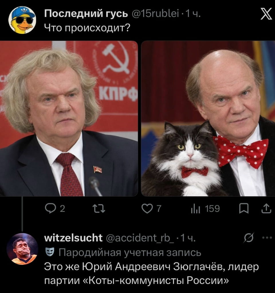 — Что происходит? <br /> — Это же Юрий Андреевич Згоглачёв, лидер партии «Коты-коммунисты России». <br /><br /> Описание картинки: <br /> С двумя мужчинами, один из которых держит кота.