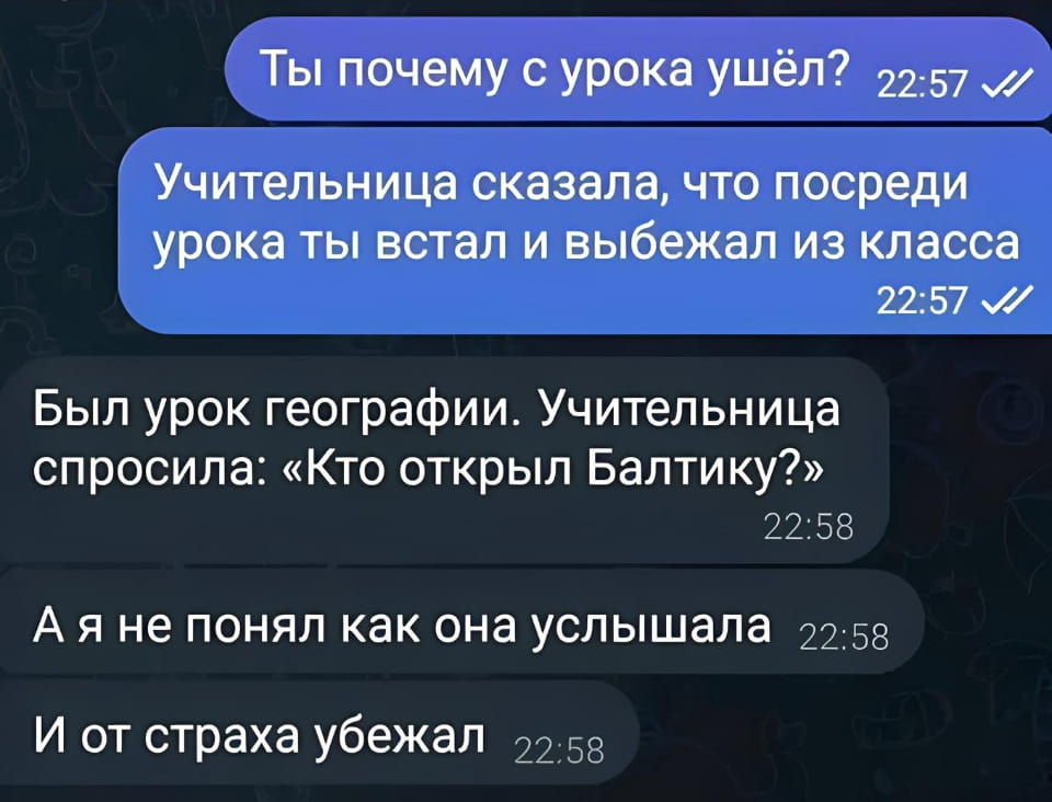— Ты почему с урока ушёл?
— Учительница сказала, что посреди урока ты встал и выбежал из класса.
— Был урок географии. Учительница спросила: «Кто открыл Балтику?» А я не понял, как она услышала. И от страха убежал.

Описание картинки:
Переписки о забавном инциденте на уроке географии.