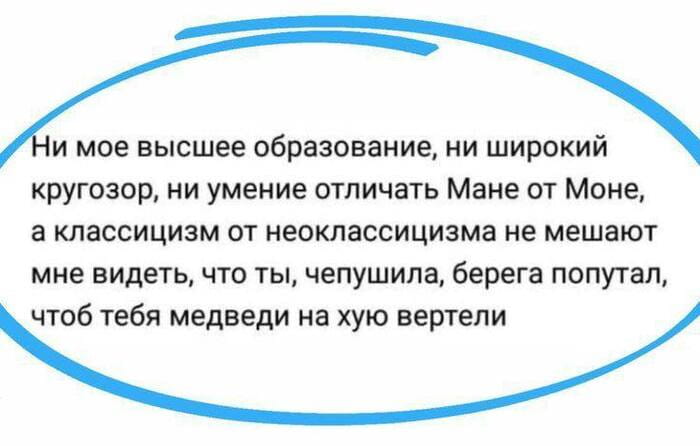 — Ни мое высшее образование, ни широкий кругозор, ни умение отличать Мане от Моне, а классицизм от неоклассицизма не мешают мне видеть, что ты, чепушила, берега попутал, чтоб тебя медведи на хую вертели.

Описание картинки:
Текст с выражением недовольства и неуверенности в образовании.