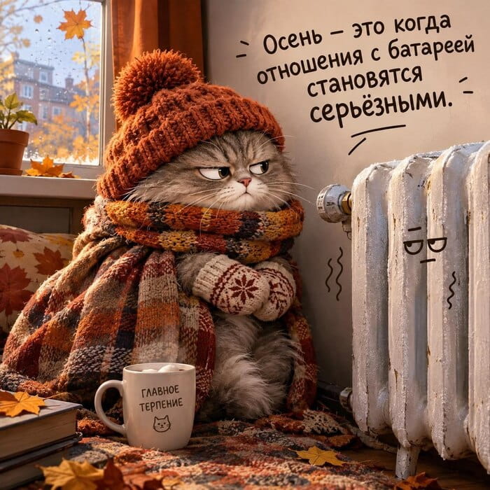 — Осень — это когда отношения с батареей становятся серьёзными.

Описание картинки:
Кот в шапке и шарфе сидит рядом с батареей.