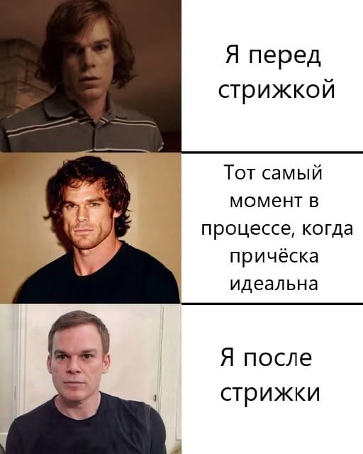 — Я перед стрижкой.
— Тот самый момент в процессе, когда причёска идеальна. Я после стрижки.

Описание картинки:
С тремя изображениями человека до, во время и после стрижки.