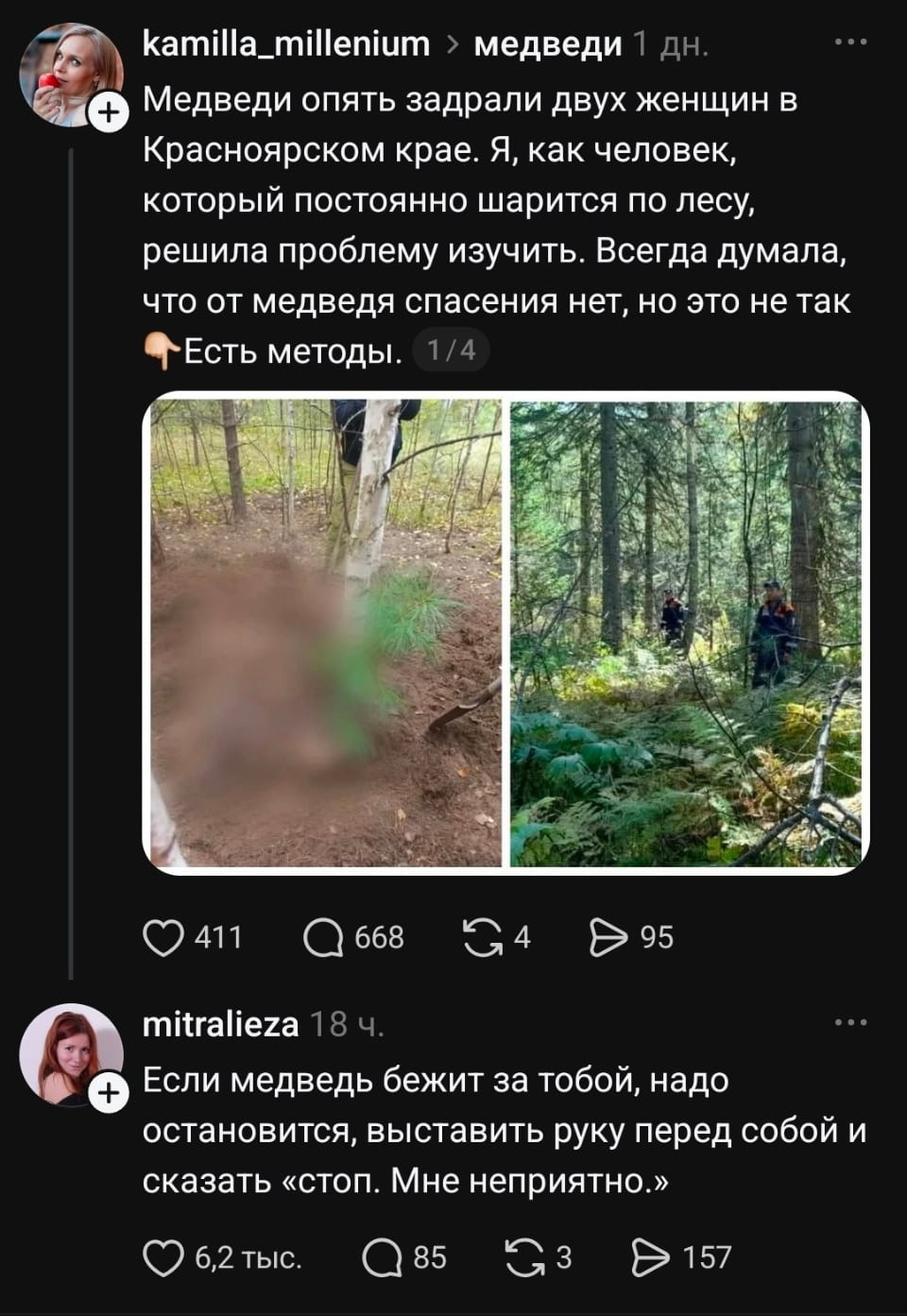Медведи опять задрали двух женщин в Красноярском крае. Я, как человек, который постоянно шарится по лесу, решила проблему изучить. Всегда думала, что от медведя спасения нет, но это не так 👇Есть методы. 1/4

Если медведь бежит за тобой, надо остановиться, выставить руку перед собой и сказать «стоп. Мне неприятно.»

Описание картинки:
Текст о способах защиты от медведя, с советом вежливо остановить зверя.