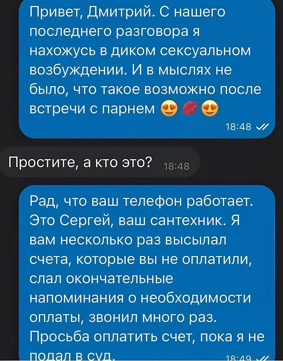 Привет, Дмитрий. С нашего последнего разговора я нахожусь в диком сексуальном возбуждении. И в мыслях не было, что такое возможно после встречи с парнем.

Простите, а кто это?

Рад, что ваш телефон работает. Это Сергей, ваш сантехник. Я вам несколько раз высылал счета, которые вы не оплатили, слал окончательные напоминания о необходимости оплаты, звонил много раз. Просьба оплатить счёт, пока я не подал в суд.

Описание картинки:
Текстовый диалог о неоплаченном счете за сантехнические услуги.