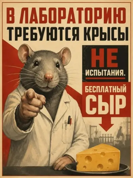 В ЛАБОРАТОРИЮ ТРЕБУЮТСЯ КРЫСЫ НЕ испытания. БЕСПЛАТНЫЙ СЫР<br><br>Описание картинки:<br>Объявление о наборе крыс для экспериментов с заманчивым предложением.