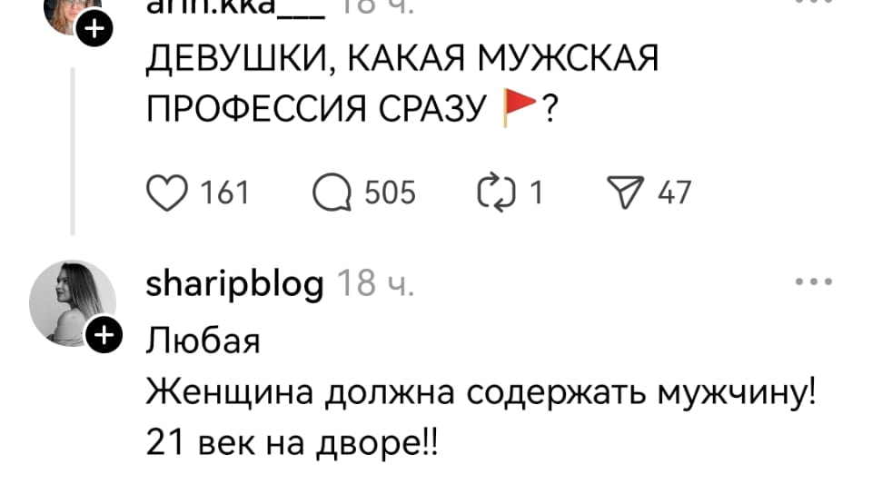 ДЕВУШКИ, КАКАЯ МУЖСКАЯ ПРОФЕССИЯ СРАЗУ ⚠️?
Любая Женщина должна содержать мужчину! 21 век на дворе!!

Описание картинки:
Дискуссия о современных гендерных ролях и ожиданиях в отношениях.