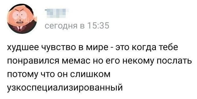 Худшее чувство в мире — это когда тебе понравился мемас но его некому послать потому что он слишком узкоспециализированный

Описание картинки:
Человек испытывает недоумение из-за невозможности поделиться мемом.