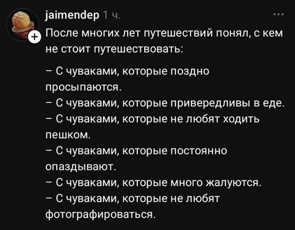 После многих лет путешествий понял, с кем не стоит путешествовать:
— С чуваками, которые поздно просыпаются.
— С чуваками, которые привередливы в еде.
— С чуваками, которые не любят ходить пешком.
— С чуваками, которые постоянно опаздывают.
— С чуваками, которые много жалуются.
— С чуваками, которые не любят фотографироваться.

Описание картинки:
Перечислены качества, которые делают путешествие невыносимым.
