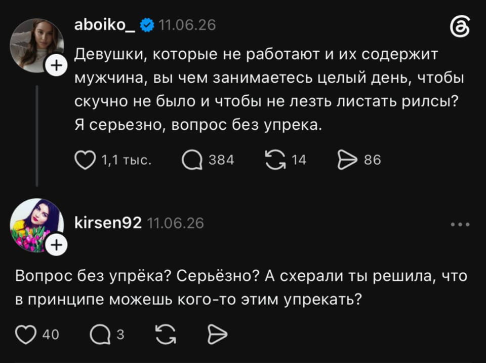 Девушки, которые не работают и их содержит мужчина, вы чем занимаетесь целый день, чтобы скучно не было и чтобы не лезть листать рилсы? Я серьезно, вопрос без упрека.
Вопрос без упрёка? Серьёзно? А схерали ты решила, что в принципе можешь кого-то этим упрекать?

Описание картинки:
Диалог о женском досуге и финансовой зависимости.