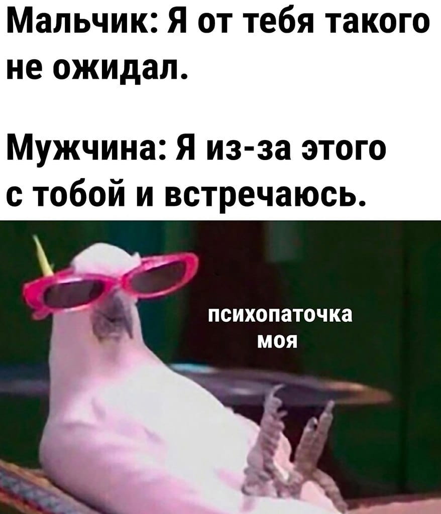 Мальчик: Я от тебя такого не ожидал.
Мужчина: Я из-за этого с тобой и встречаюсь.
Психопаточка моя

Описание картинки:
Переписка двух людей, где мужчина делает неожиданное признание.