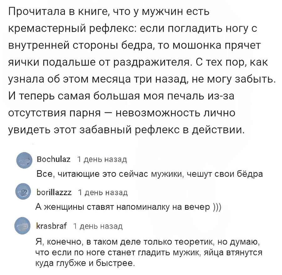 Прочитала в книге, что у мужчин есть кремастерный рефлекс: если погладить ногу с внутренней стороны бедра, то мошонка прячет яички подальше от раздражителя. С тех пор, как узнала об этом месяца три назад, не могу забыть. И теперь самая большая моя печаль из-за отсутствия парня — невозможность лично увидеть этот забавный рефлекс в действии. <br /><br /> Все, читающие это сейчас мужики, чешут свои бёдра <br /><br /> А женщины ставят напоминалку на вечер ))) <br /><br /> Я, конечно, в таком деле только теоретик, но думаю, что если по ноге станет гладить мужик, яйца втянутся куда глубже и быстрее. <br /><br /> Описание картинки: <br /> Женщина размышляет о мужском рефлексе и его последствиях.