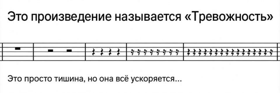 Это произведение называется «Тревожность» Это просто тишина, но она всё ускоряется…

Описание картинки:
Текст, описывающий нарастающее чувство тревоги в тишине.