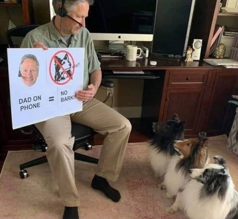 DOG DAD ON PHONE woof!
BARK!!

Описание картинки:
Собака лает на отца, разговаривающего по телефону.