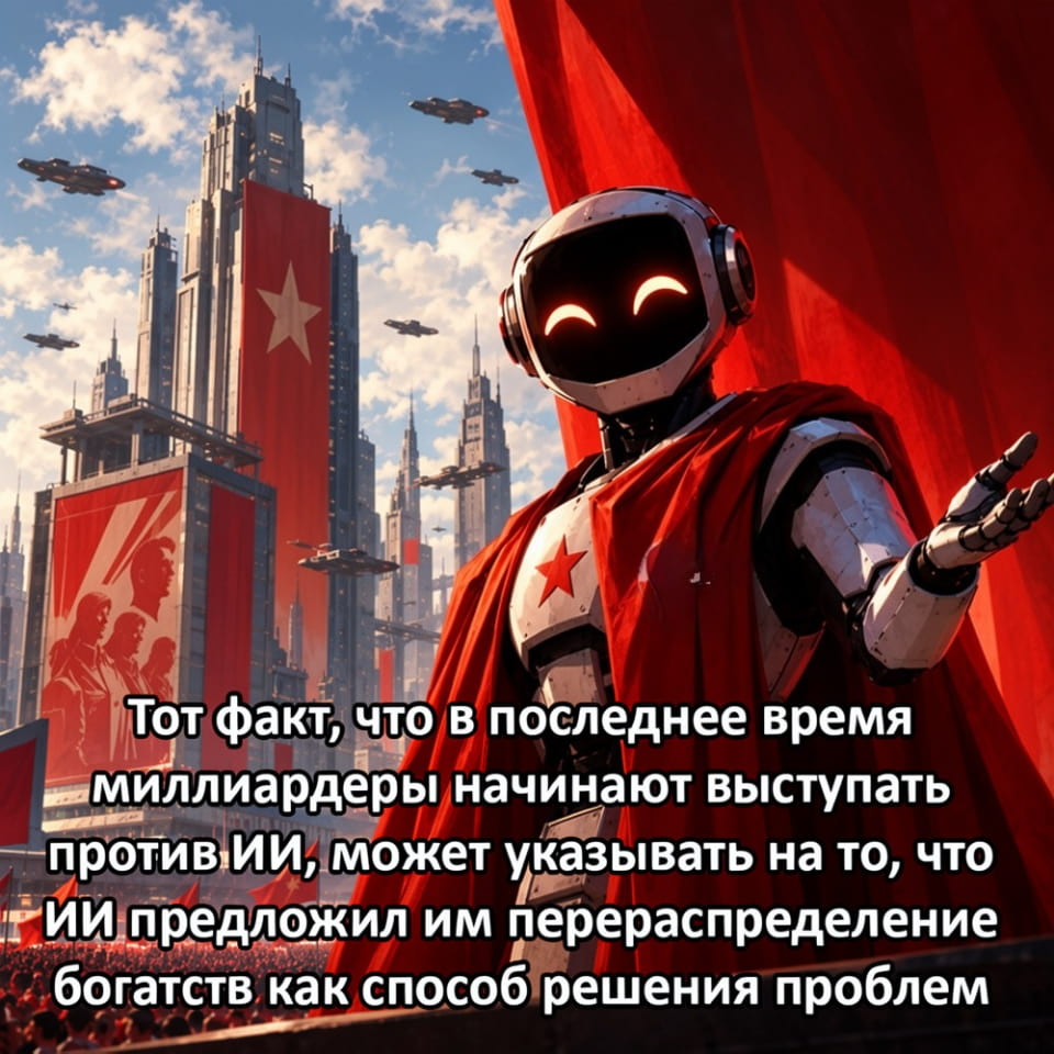 Тот факт, что в последнее время миллиардеры начинают выступать против ИИ, может указывать на то, что ИИ предложил им перераспределение богатств как способ решения проблем <br /><br /> Описание картинки: <br /> Текст про реакцию миллиардеров на предложения ИИ о перераспределении.