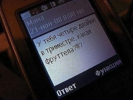 Мама 21-ноя-08 8:00 пп У тебя четыре двойки в триместре, какая фруттела?!!!?
Ответ Функции

Описание картинки:
Переписка, где мама отказывает ребенку в сладости из-за плохих оценок.
