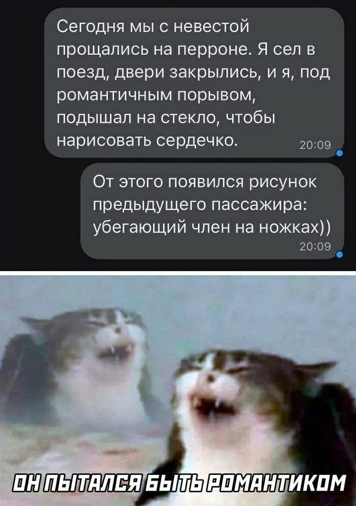 Сегодня мы с невестой прощались на перроне. Я сел в поезд, двери закрылись, и я, под романтичным порывом, подышал на стекло, чтобы нарисовать сердечко.
От этого появился рисунок предыдущего пассажира: убегающий член на ножках)) ОН ПЫТАЛСЯ БЫТЬ РОМАНТИКОМ

Описание картинки:
Мужчина попытался нарисовать сердечко на запотевшем стекле поезда.