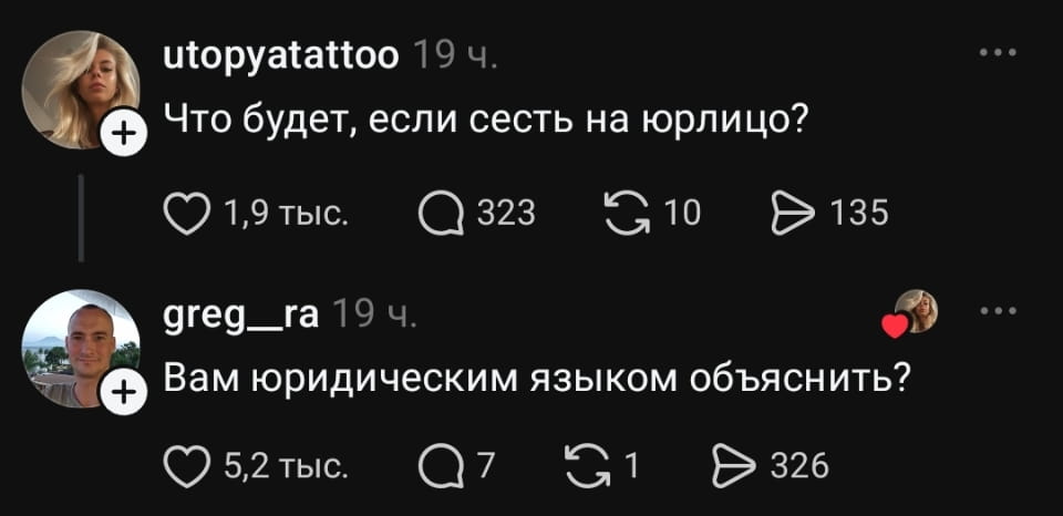 Что будет, если сесть на юрлицо?
Вам юридическим языком объяснить?

Описание картинки:
Диалог о юрлице и его юридической интерпретации.