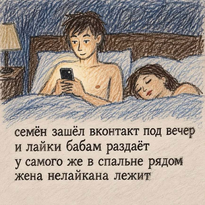 Семён зашёл вконтакт под вечер <br /> и лайки бабам раздаёт <br /> у самого же в спальне рядом <br /> жена нелайкана лежит <br /> Описание картинки: <br /> Муж раздает лайки незнакомкам, пока жена ничего не подозревает.