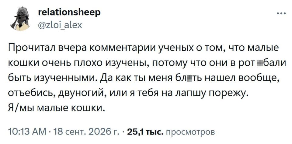 Прочитал вчера комментарии ученых о том, что маленькие кошки очень плохо изучены, потому что они в рот бали быть изученными. Да как ты меня бл*ть нашёл вообще, отъебись, двуногий, или я тебя на лапшу порежу. Я/мы маленькие кошки.

Описание картинки:
Кошка агрессивно реагирует на попытки изучения её поведения.