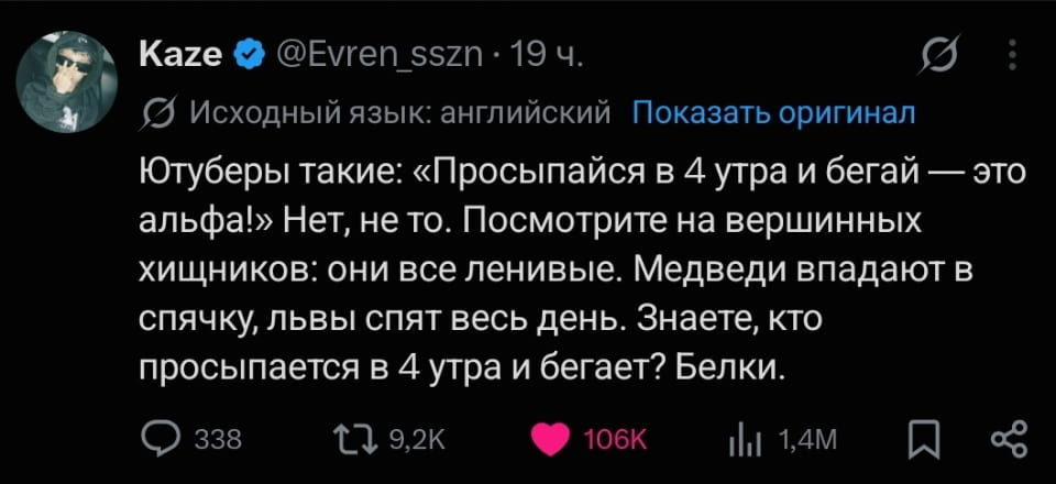 Ютуберы такие: «Просыпайся в 4 утра и бегай — это альфа!» Нет, не то. Посмотрите на вершенных хищников: они все ленивые. Медведи впадают в спячку, львы спят весь день. Знаете, кто просыпается в 4 утра и бегает? Белки.

Описание картинки:
Обсуждение утренних привычек животных и их связь с человеческими советами.