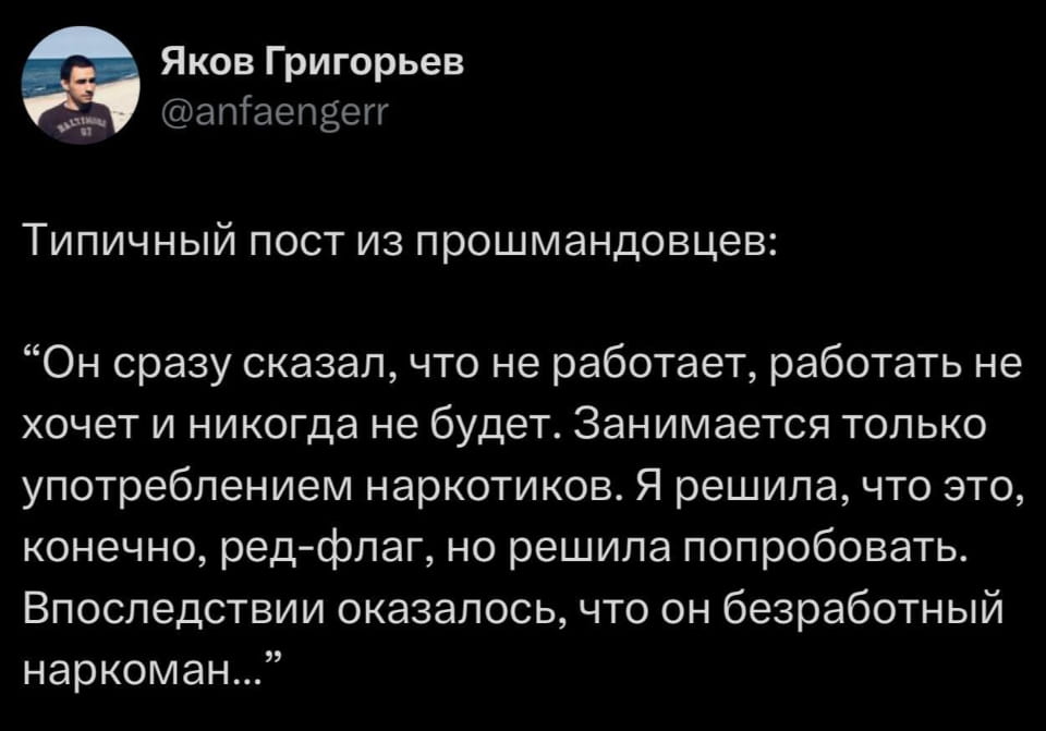 Типичный пост из прошмандовцев: “Он сразу сказал, что не работает, работать не хочет и никогда не будет. Занимается только употреблением наркотиков. Я решила, что это, конечно, ред-флаг, но решила попробовать. Впоследствии оказалось, что он безработный наркоман…”

Описание картинки:
Женщина решила игнорировать предупреждения о партнёре.