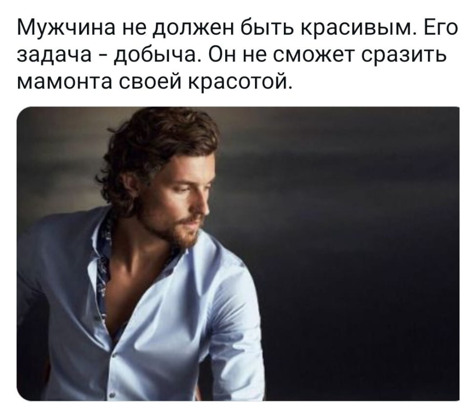 Мужчина не должен быть красивым. Его задача — добыча. Он не сможет сразить мамонта своей красотой. <br /><br /> Описание картинки: <br /> Рассуждение о мужской красоте и его роли в добыче мамонта.