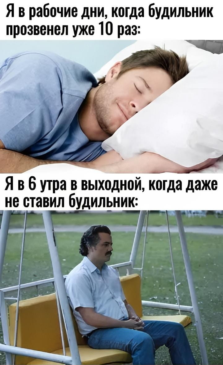 Я в рабочие дни, когда будильник прозвенел уже 10 раз:
Я в 6 утра в выходной, когда даже не ставил будильник:

Описание картинки:
Человек по-разному реагирует на будильник в будние и выходные дни.