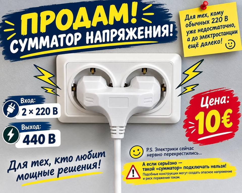 ПРОДАМ! <br /> СУММАТОР НАПРЯЖЕНИЯ! <br /> Вход: 2 * 220 В Выход: 440 В Для тех, кто любит мощные решения! <br /> Цена: 10 € P. S. Электрики сейчас нервно перекрестились… <br /> А если серьёзно — такой «сумматор» подключать нельзя! <br /> Подобные конструкции могут создать опасное напряжение и риск поражения током. <br /><br /> Описание картинки: <br /> Объявление о продаже устройства с опасным напряжением.