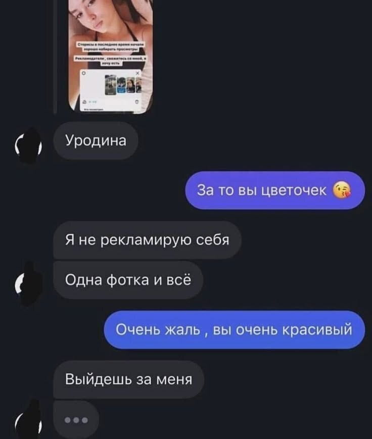 Уродина За то вы цветочек 😘 Я не рекламирую себя Одна фотка и всё Очень жаль, вы очень красивый Выйдешь за меня

Описание картинки:
Диалог о внешности и предложении выйти замуж.
