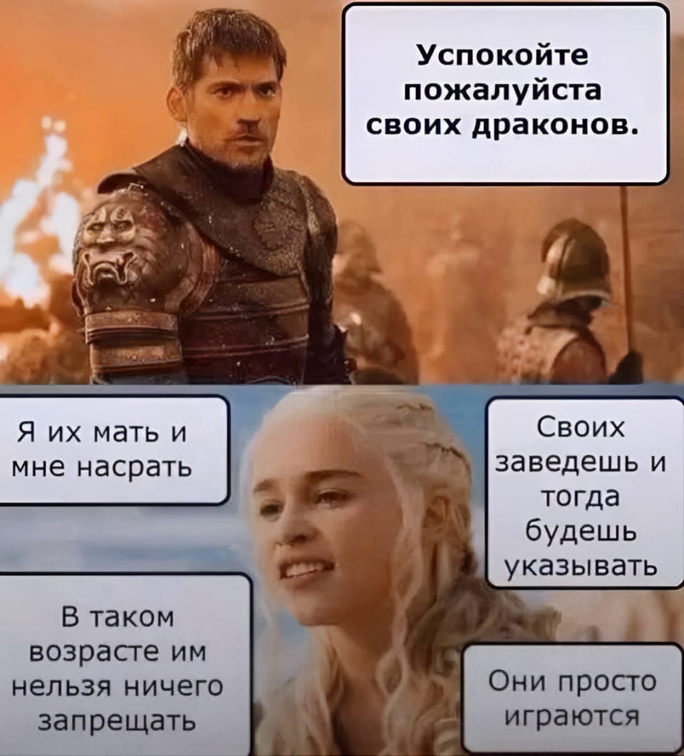 Успокойте пожалуйста своих драконов.
Я их мать и мне насрать В таком возрасте им нельзя ничего запрещать Своих заведёшь и тогда будешь указывать Они просто играются

Описание картинки:
Сцена, где мать пытается контролировать игривых драконов.