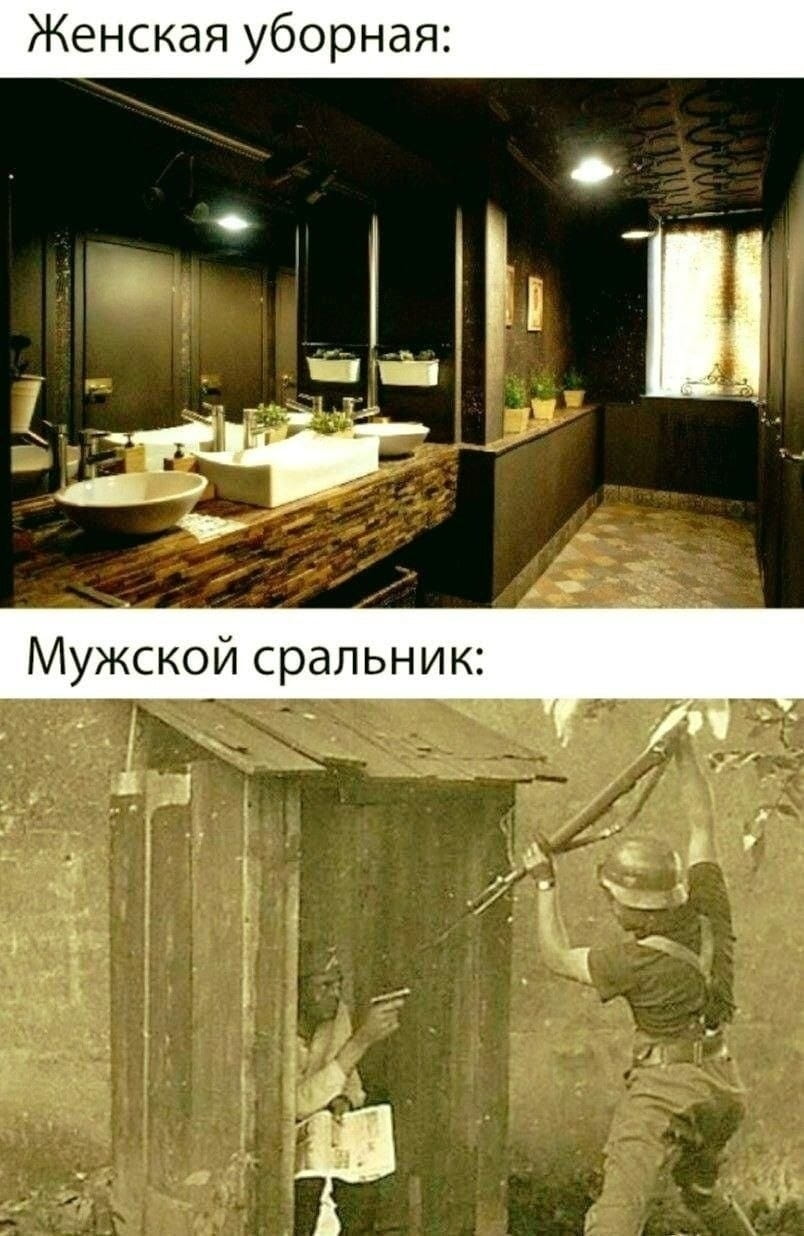 Женская уборная: Мужской сральник:<br><br>Описание картинки:<br>Изображены две уборные с контрастирующими обстановками и атмосферой.
