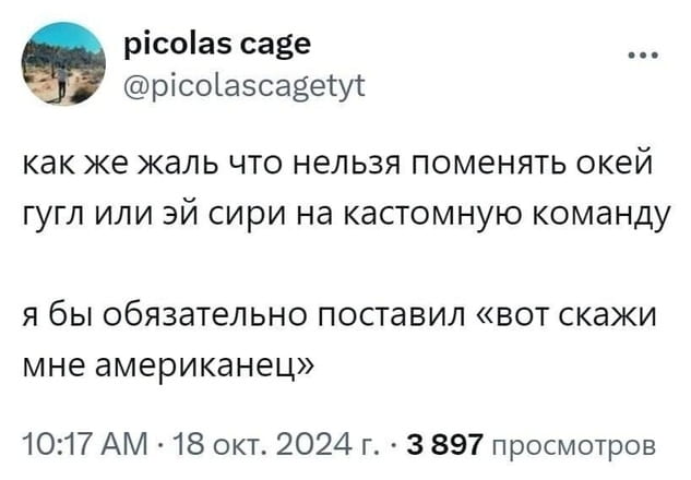 Picolas cage как же жаль что нельзя поменять окей гугл или эй сири на кастомную команду я бы обязательно поставил «вот скажи мне американец» 10:17 AM · 18 окт. 2024 г. · 3 897 просмотров <br /><br /> Описание картинки: <br /> Твит пользователя с текстом о желании сменить голосовую команду ассистента.