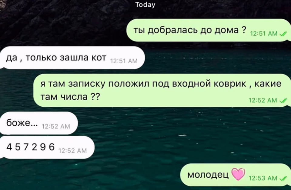Ты добралась до дома? <br /> Да, только зашла кот я там записку положил под входной коврик, какие там числа?? <br /> Молодец ❤️ <br /> Описание картинки: <br /> На коврике под дверью лежит записка с важной информацией.