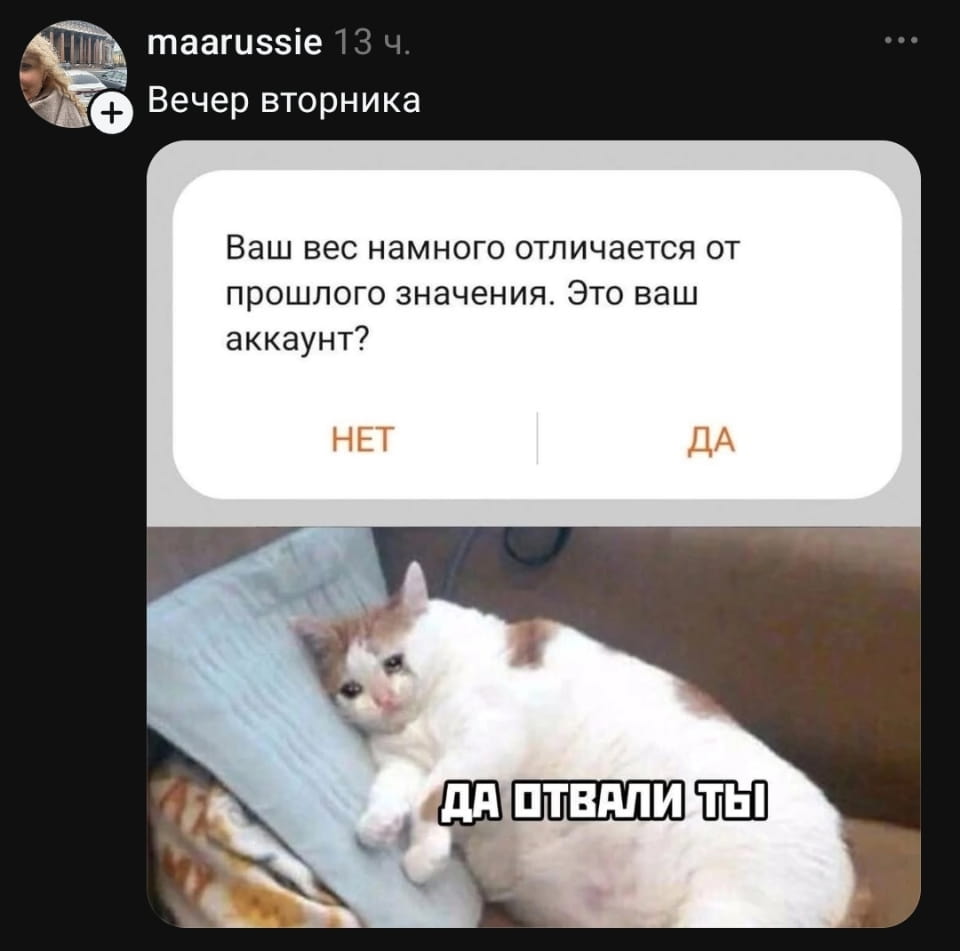 Ваш вес намного отличается от прошлого значения. Это ваш аккаунт? НЕТ | ДА ДА ОТВАЛИ ТЫ

Описание картинки:
Весы спрашивают, не собирался ли ты на диету.
