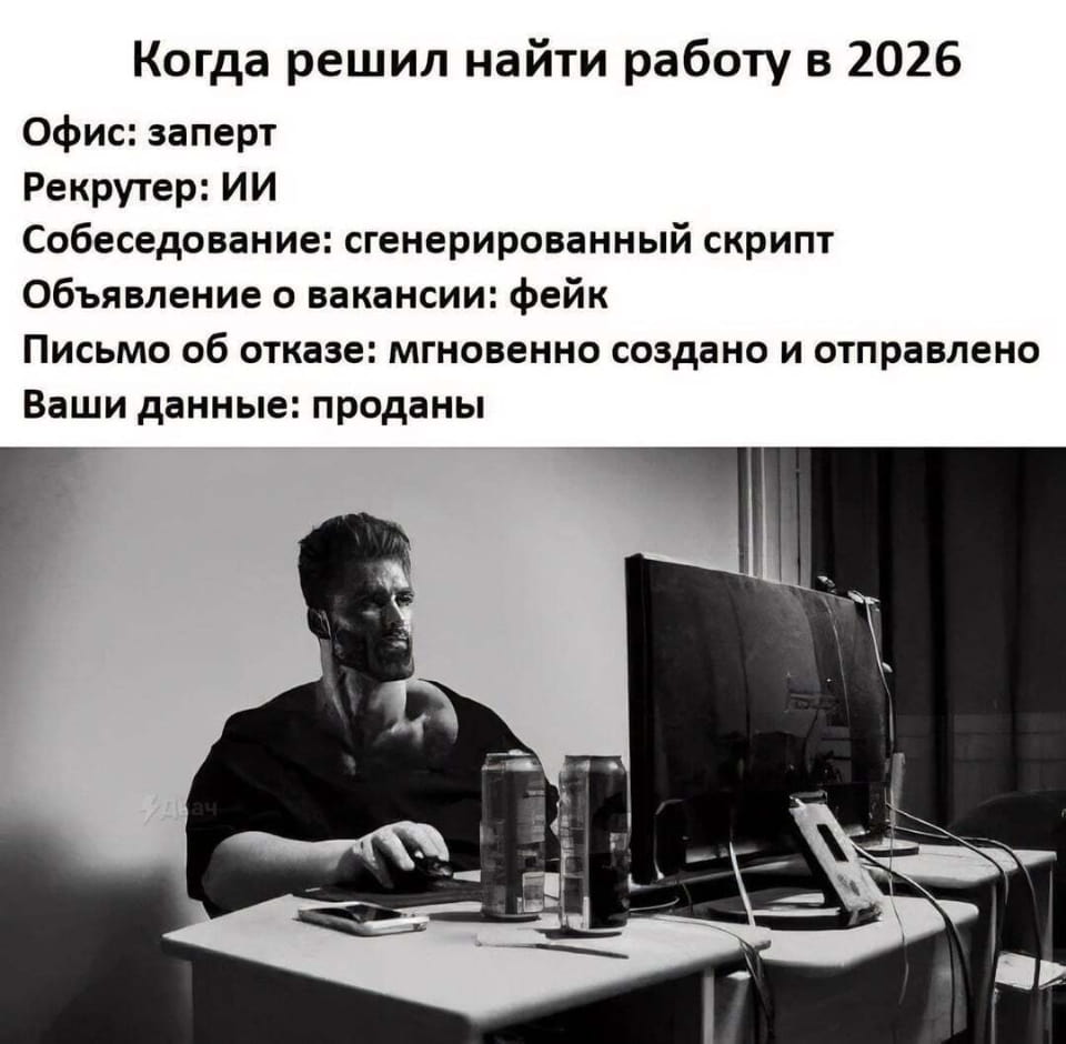 Когда решил найти работу в 2026 Офис: запрет Рекрутер: ИИ Собеседование: сгенерированный скрипт Объявление о вакансии: фейк Письмо об отказе: мгновенно создано и отправлено Ваши данные: проданы

Описание картинки:
Список пунктов о поиске работы в 2026 году.