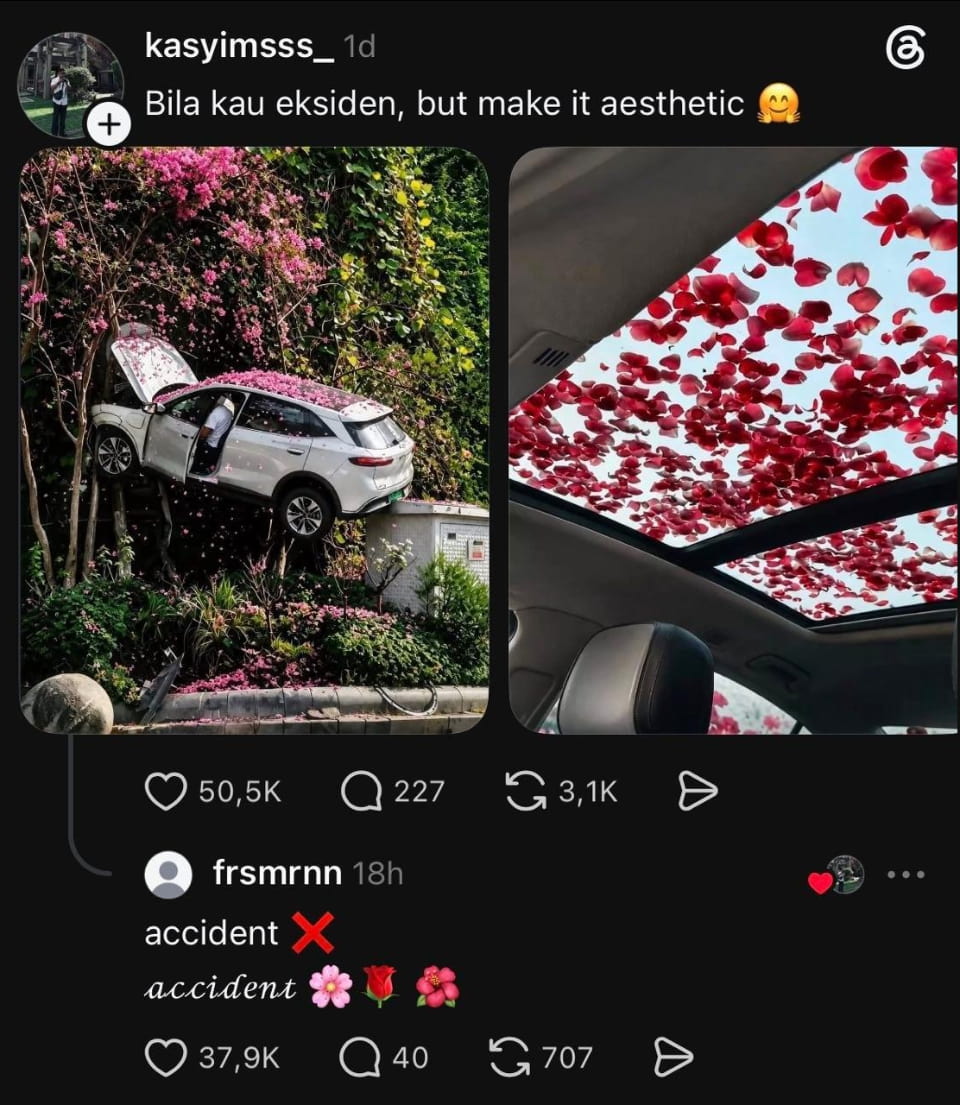 Kasyimsss_1d Bila kau eksiden, but make it aesthetic frsmrnn 18h accident ❌ accident 🌸🌹🌺

Описание картинки:
Текст: «авария, но эстетично». На фото разбитый автомобиль с цветами.