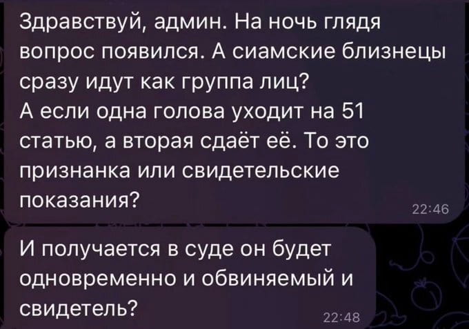 Здравствуй, админ. На ночь глядя вопрос появился. А сиамские близнецы сразу идут как группа лиц?
А если одна голова уходит на 51 статью, а вторая сдаёт её. То это признанка или свидетельские показания?
И получается в суде он будет одновременно и обвиняемый и свидетель?

Описание картинки:
Текстовый диалог: вопрос админу про сиамских близнецов и правосудие.