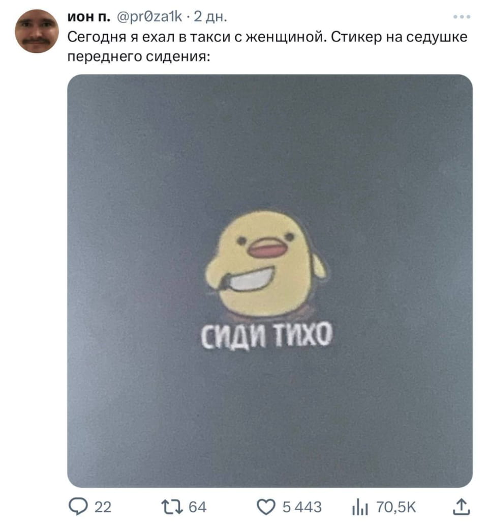 Сегодня я ехал в такси с женщиной. Стикер на сидушке переднего сидения: СИДИ ТИХО