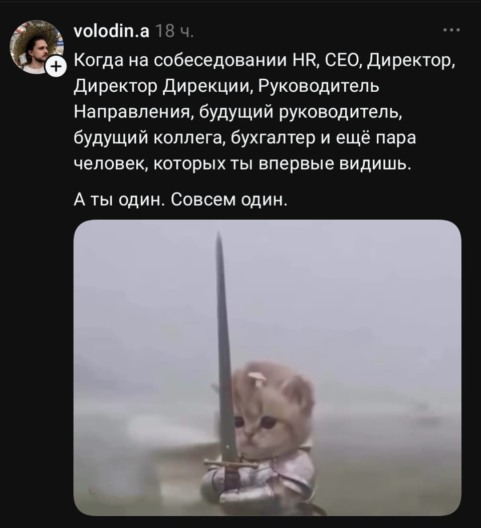 Когда на собеседовании HR, CEO, Директор, Директор Дирекции, Руководитель Направления, будущий руководитель, будущий коллега, бухгалтер и ещё пара человек, которых ты впервые видишь. <br /> А ты один. Совсем один. <br /><br /> Описание картинки: <br /> Человек одинок среди коллектива, полных мнений.